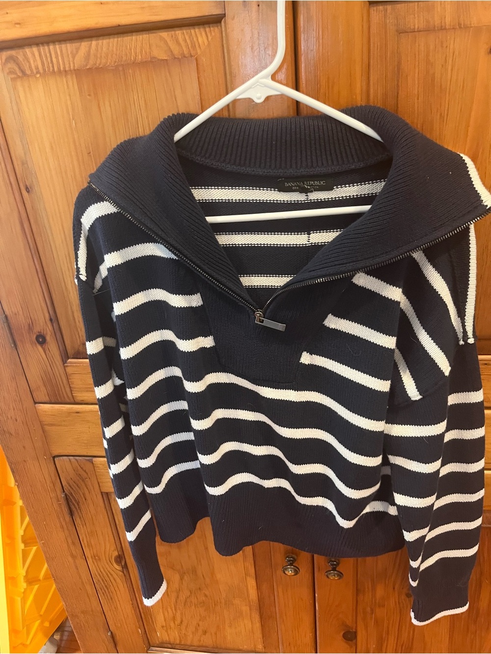 Banana Republic Navy and White Striped Quarter-Zip Sweater